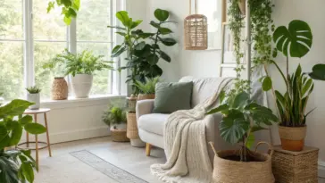 A bright, stylish living room filled with lush greenery, showcasing inspiring indoor plants decor living room ideas. A cozy off-white sofa with a green pillow is bathed in natural light from a large window. Various houseplants, including a Monstera, Fiddle Leaf Fig, and Snake Plant, are artfully arranged in woven baskets and ceramic pots on the floor, windowsill, and a decorative ladder, creating a stunning biophilic and urban jungle design.