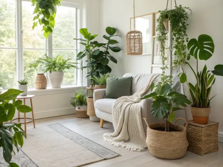 A bright, stylish living room filled with lush greenery, showcasing inspiring indoor plants decor living room ideas. A cozy off-white sofa with a green pillow is bathed in natural light from a large window. Various houseplants, including a Monstera, Fiddle Leaf Fig, and Snake Plant, are artfully arranged in woven baskets and ceramic pots on the floor, windowsill, and a decorative ladder, creating a stunning biophilic and urban jungle design.
