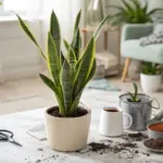 A healthy, vibrant snake plant (Sansevieria trifasciata) with yellow-edged, variegated leaves sits in a stylish, off-white ceramic pot on a marble coffee table, illustrating essential Snake Plant Care. The surrounding scene includes gardening tools like small scissors, a watering can, a mug, and bowls of fresh soil and amendments, suggesting a repotting or care session in a bright, modern living room.