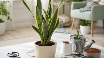 A healthy, vibrant snake plant (Sansevieria trifasciata) with yellow-edged, variegated leaves sits in a stylish, off-white ceramic pot on a marble coffee table, illustrating essential Snake Plant Care. The surrounding scene includes gardening tools like small scissors, a watering can, a mug, and bowls of fresh soil and amendments, suggesting a repotting or care session in a bright, modern living room.