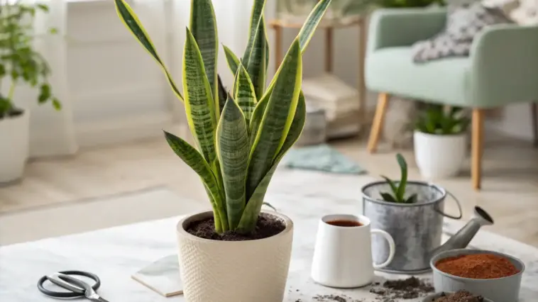 A healthy, vibrant snake plant (Sansevieria trifasciata) with yellow-edged, variegated leaves sits in a stylish, off-white ceramic pot on a marble coffee table, illustrating essential Snake Plant Care. The surrounding scene includes gardening tools like small scissors, a watering can, a mug, and bowls of fresh soil and amendments, suggesting a repotting or care session in a bright, modern living room.