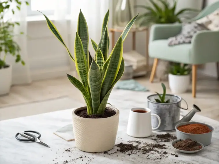 A healthy, vibrant snake plant (Sansevieria trifasciata) with yellow-edged, variegated leaves sits in a stylish, off-white ceramic pot on a marble coffee table, illustrating essential Snake Plant Care. The surrounding scene includes gardening tools like small scissors, a watering can, a mug, and bowls of fresh soil and amendments, suggesting a repotting or care session in a bright, modern living room.