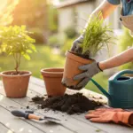 A close-up shot of a person's hands engaged in the process of Repotting House Plants. The image captures a healthy green plant being gently transferred from a smaller, white ceramic pot to a larger, terracotta-colored one. Fresh, dark potting soil is visible, highlighting the essential steps of providing a plant with a new home for continued growth. This image is ideal for blogs, articles, and guides offering tips and instructions on plant care and horticulture.