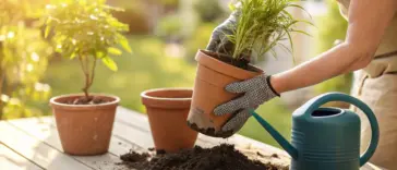 A close-up shot of a person's hands engaged in the process of Repotting House Plants. The image captures a healthy green plant being gently transferred from a smaller, white ceramic pot to a larger, terracotta-colored one. Fresh, dark potting soil is visible, highlighting the essential steps of providing a plant with a new home for continued growth. This image is ideal for blogs, articles, and guides offering tips and instructions on plant care and horticulture.