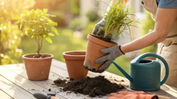 A close-up shot of a person's hands engaged in the process of Repotting House Plants. The image captures a healthy green plant being gently transferred from a smaller, white ceramic pot to a larger, terracotta-colored one. Fresh, dark potting soil is visible, highlighting the essential steps of providing a plant with a new home for continued growth. This image is ideal for blogs, articles, and guides offering tips and instructions on plant care and horticulture.