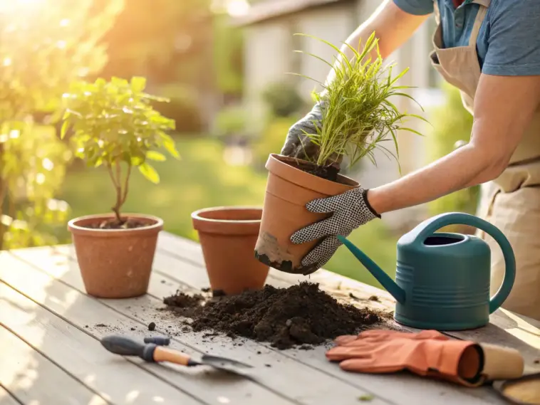 A close-up shot of a person's hands engaged in the process of Repotting House Plants. The image captures a healthy green plant being gently transferred from a smaller, white ceramic pot to a larger, terracotta-colored one. Fresh, dark potting soil is visible, highlighting the essential steps of providing a plant with a new home for continued growth. This image is ideal for blogs, articles, and guides offering tips and instructions on plant care and horticulture.