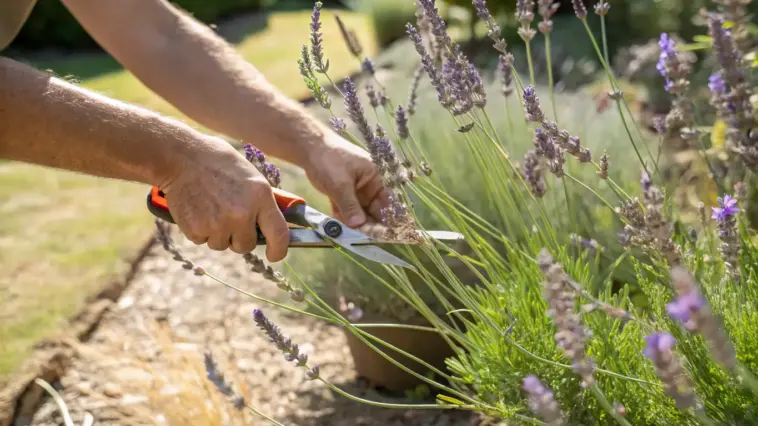 A close-up of a gardener in a sunny garden using a pair of orange and black handled pruning shears to carefully prune lavender plant stems, encouraging healthy growth and harvesting the fragrant purple flowers.