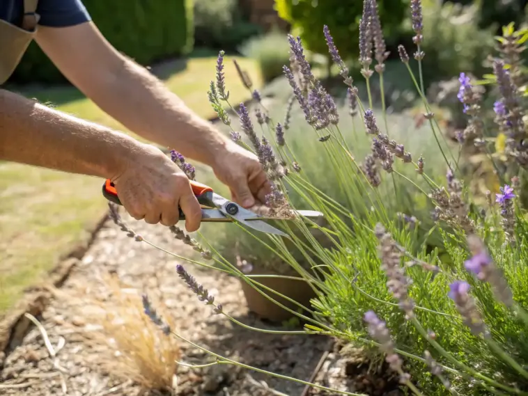 A close-up of a gardener in a sunny garden using a pair of orange and black handled pruning shears to carefully prune lavender plant stems, encouraging healthy growth and harvesting the fragrant purple flowers.