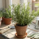 A lush and healthy rosemary plant thriving in a terracotta pot, placed on a sunlit wooden windowsill. This image is a perfect visual guide for an article on how to grow rosemary in a pot, showing the ideal result of successful container gardening with proper light and care. In the background, other gardening essentials like a small watering can, a trowel, and gloves are visible.