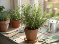 A lush and healthy rosemary plant thriving in a terracotta pot, placed on a sunlit wooden windowsill. This image is a perfect visual guide for an article on how to grow rosemary in a pot, showing the ideal result of successful container gardening with proper light and care. In the background, other gardening essentials like a small watering can, a trowel, and gloves are visible.
