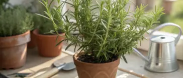 A lush and healthy rosemary plant thriving in a terracotta pot, placed on a sunlit wooden windowsill. This image is a perfect visual guide for an article on how to grow rosemary in a pot, showing the ideal result of successful container gardening with proper light and care. In the background, other gardening essentials like a small watering can, a trowel, and gloves are visible.