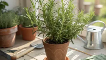 A lush and healthy rosemary plant thriving in a terracotta pot, placed on a sunlit wooden windowsill. This image is a perfect visual guide for an article on how to grow rosemary in a pot, showing the ideal result of successful container gardening with proper light and care. In the background, other gardening essentials like a small watering can, a trowel, and gloves are visible.