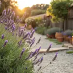 A close-up of vibrant purple lavender flowers blooming in a serene, sunlit home garden at sunset, showcasing the beautiful results you can achieve when you learn how to grow lavender. A gravel path, terracotta pots, and a wooden fence are softly focused in the background, bathed in the warm, golden light of the evening sun.