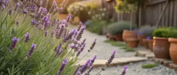 A close-up of vibrant purple lavender flowers blooming in a serene, sunlit home garden at sunset, showcasing the beautiful results you can achieve when you learn how to grow lavender. A gravel path, terracotta pots, and a wooden fence are softly focused in the background, bathed in the warm, golden light of the evening sun.