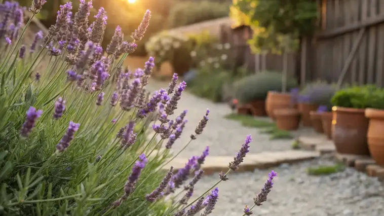 A close-up of vibrant purple lavender flowers blooming in a serene, sunlit home garden at sunset, showcasing the beautiful results you can achieve when you learn how to grow lavender. A gravel path, terracotta pots, and a wooden fence are softly focused in the background, bathed in the warm, golden light of the evening sun.