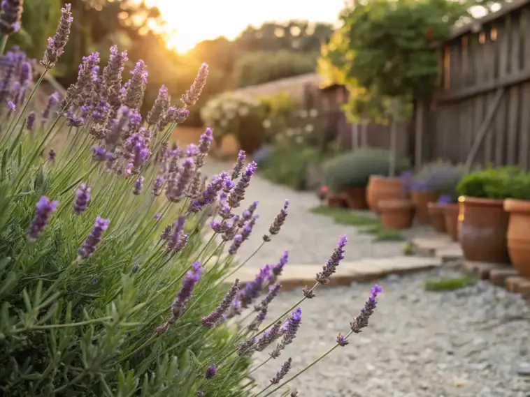 A close-up of vibrant purple lavender flowers blooming in a serene, sunlit home garden at sunset, showcasing the beautiful results you can achieve when you learn how to grow lavender. A gravel path, terracotta pots, and a wooden fence are softly focused in the background, bathed in the warm, golden light of the evening sun.