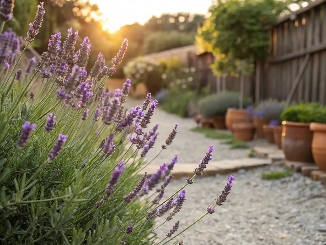 A close-up of vibrant purple lavender flowers blooming in a serene, sunlit home garden at sunset, showcasing the beautiful results you can achieve when you learn how to grow lavender. A gravel path, terracotta pots, and a wooden fence are softly focused in the background, bathed in the warm, golden light of the evening sun.