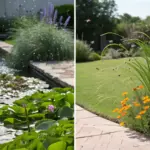 A side-by-side garden scene showing contrast in landscape design and featuring Mosquito Repelling Plants. On the left, a tranquil pond with water lilies and a sparkling fountain is bordered by a brick patio and lush ornamental grasses. On the right, a vibrant garden bed next to a manicured lawn is filled with bright orange marigolds and tall, graceful grasses, which are well-known Mosquito Repelling Plants, creating a beautiful and functional outdoor space.