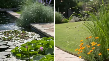A side-by-side garden scene showing contrast in landscape design and featuring Mosquito Repelling Plants. On the left, a tranquil pond with water lilies and a sparkling fountain is bordered by a brick patio and lush ornamental grasses. On the right, a vibrant garden bed next to a manicured lawn is filled with bright orange marigolds and tall, graceful grasses, which are well-known Mosquito Repelling Plants, creating a beautiful and functional outdoor space.