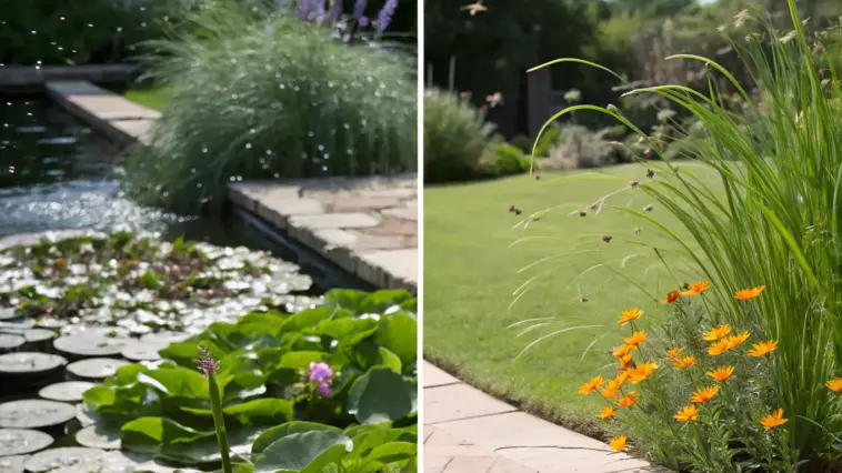 A side-by-side garden scene showing contrast in landscape design and featuring Mosquito Repelling Plants. On the left, a tranquil pond with water lilies and a sparkling fountain is bordered by a brick patio and lush ornamental grasses. On the right, a vibrant garden bed next to a manicured lawn is filled with bright orange marigolds and tall, graceful grasses, which are well-known Mosquito Repelling Plants, creating a beautiful and functional outdoor space.