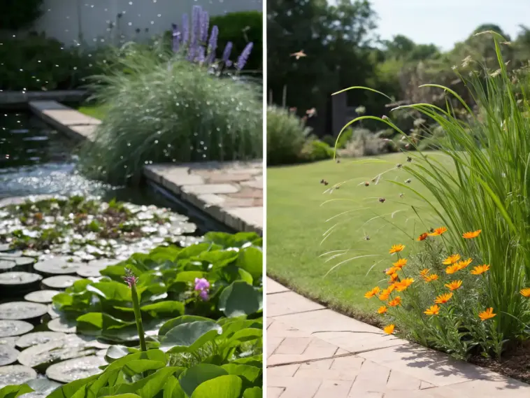 A side-by-side garden scene showing contrast in landscape design and featuring Mosquito Repelling Plants. On the left, a tranquil pond with water lilies and a sparkling fountain is bordered by a brick patio and lush ornamental grasses. On the right, a vibrant garden bed next to a manicured lawn is filled with bright orange marigolds and tall, graceful grasses, which are well-known Mosquito Repelling Plants, creating a beautiful and functional outdoor space.