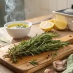 A vibrant and rustic kitchen scene showcasing one of the many ways to use rosemary. A fresh bundle of green rosemary sits center stage on a wooden cutting board, accompanied by whole garlic cloves, pink and black peppercorns, and a bright yellow lemon sliced in half. In the background, a white bowl of steaming, herb-infused olive oil suggests a delicious culinary preparation, highlighting a popular use for this aromatic herb.