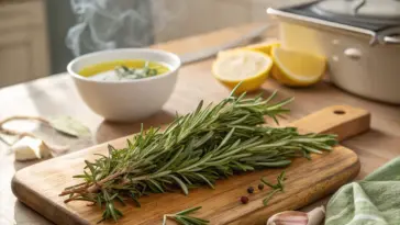 A vibrant and rustic kitchen scene showcasing one of the many ways to use rosemary. A fresh bundle of green rosemary sits center stage on a wooden cutting board, accompanied by whole garlic cloves, pink and black peppercorns, and a bright yellow lemon sliced in half. In the background, a white bowl of steaming, herb-infused olive oil suggests a delicious culinary preparation, highlighting a popular use for this aromatic herb.