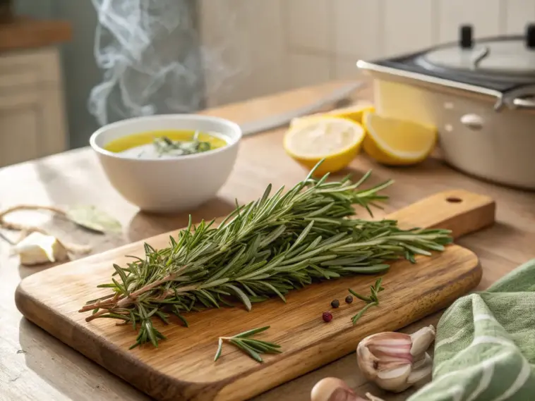 A vibrant and rustic kitchen scene showcasing one of the many ways to use rosemary. A fresh bundle of green rosemary sits center stage on a wooden cutting board, accompanied by whole garlic cloves, pink and black peppercorns, and a bright yellow lemon sliced in half. In the background, a white bowl of steaming, herb-infused olive oil suggests a delicious culinary preparation, highlighting a popular use for this aromatic herb.