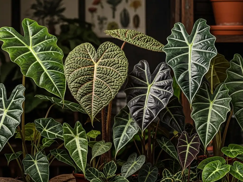 A lush, detailed close-up of various Alocasia Plant Varieties, showcasing a stunning diversity of foliage. The collection includes plants with large, heart-shaped, and arrowhead leaves in shades of deep emerald green, velvety black, and textured chartreuse. Striking, contrasting veins in white and light green trace intricate patterns on the leaves, highlighting the unique beauty of these popular indoor houseplants.