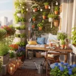 An inviting balcony garden showcasing a variety of plants in pots, hanging baskets, and vertical planters, creating lush Backyard Privacy Ideas From Neighbors, with a comfortable bench, small table, and string lights, offering a serene outdoor retreat in an urban setting.