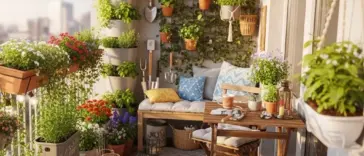 An inviting balcony garden showcasing a variety of plants in pots, hanging baskets, and vertical planters, creating lush Backyard Privacy Ideas From Neighbors, with a comfortable bench, small table, and string lights, offering a serene outdoor retreat in an urban setting.