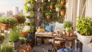 An inviting balcony garden showcasing a variety of plants in pots, hanging baskets, and vertical planters, creating lush Backyard Privacy Ideas From Neighbors, with a comfortable bench, small table, and string lights, offering a serene outdoor retreat in an urban setting.