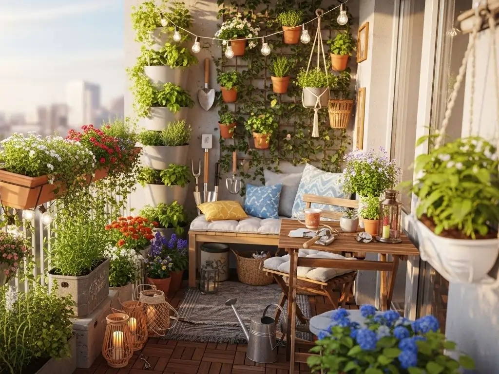 An inviting balcony garden showcasing a variety of plants in pots, hanging baskets, and vertical planters, creating lush Backyard Privacy Ideas From Neighbors, with a comfortable bench, small table, and string lights, offering a serene outdoor retreat in an urban setting.