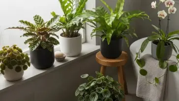 A collection of vibrant "Bathroom Plants" are arranged in a well-lit bathroom, featuring a diverse range of greenery in various pots, including a white orchid next to a bathtub, and several leafy plants on a windowsill.