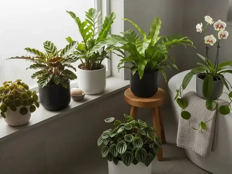 A collection of vibrant "Bathroom Plants" are arranged in a well-lit bathroom, featuring a diverse range of greenery in various pots, including a white orchid next to a bathtub, and several leafy plants on a windowsill.