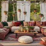 An inviting outdoor boho patio space featuring a U-shaped sectional sofa with numerous patterned pillows in shades of red, green, and orange, set on a red Persian-style rug. The patio is adorned with string lights, white sheer curtains, and hanging macrame plant holders with terracotta pots, creating a cozy and stylish atmosphere. This image is perfect for showcasing Boho Patio Ideas Outdoor Spaces.