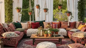 An inviting outdoor boho patio space featuring a U-shaped sectional sofa with numerous patterned pillows in shades of red, green, and orange, set on a red Persian-style rug. The patio is adorned with string lights, white sheer curtains, and hanging macrame plant holders with terracotta pots, creating a cozy and stylish atmosphere. This image is perfect for showcasing Boho Patio Ideas Outdoor Spaces.