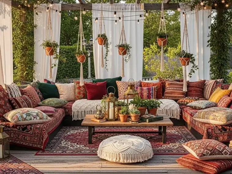 An inviting outdoor boho patio space featuring a U-shaped sectional sofa with numerous patterned pillows in shades of red, green, and orange, set on a red Persian-style rug. The patio is adorned with string lights, white sheer curtains, and hanging macrame plant holders with terracotta pots, creating a cozy and stylish atmosphere. This image is perfect for showcasing Boho Patio Ideas Outdoor Spaces.