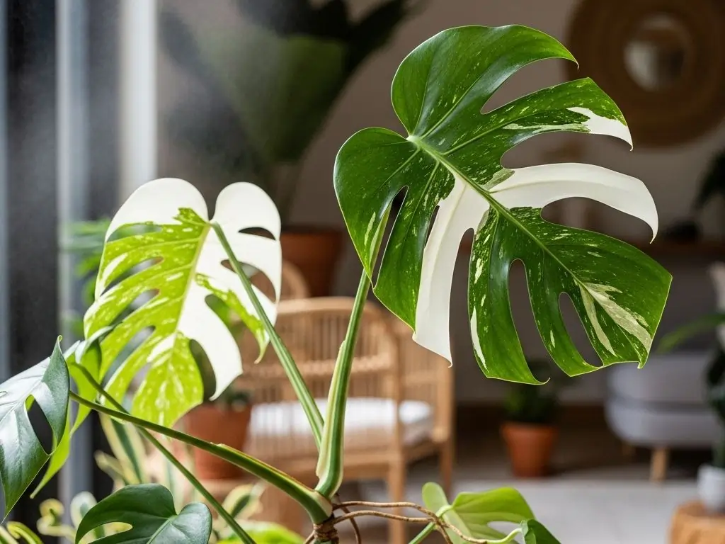 A stunning close-up of a Monstera Variegata, showcasing its large, fenestrated leaves with beautiful and contrasting white and green variegation in a brightly lit room.