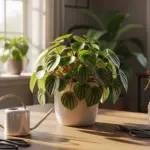 A vibrant Peperomia plant with lush green, round leaves and reddish stems sits in a white pot on a wooden table, bathed in natural light from a nearby window. The table also holds a small white watering can with a golden handle, a glass jar with art supplies, a spray bottle of water, and pruning shears, suggesting a complete setup for optimal Peperomia Care.