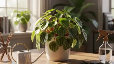 A vibrant Peperomia plant with lush green, round leaves and reddish stems sits in a white pot on a wooden table, bathed in natural light from a nearby window. The table also holds a small white watering can with a golden handle, a glass jar with art supplies, a spray bottle of water, and pruning shears, suggesting a complete setup for optimal Peperomia Care.