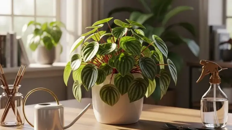 A vibrant Peperomia plant with lush green, round leaves and reddish stems sits in a white pot on a wooden table, bathed in natural light from a nearby window. The table also holds a small white watering can with a golden handle, a glass jar with art supplies, a spray bottle of water, and pruning shears, suggesting a complete setup for optimal Peperomia Care.