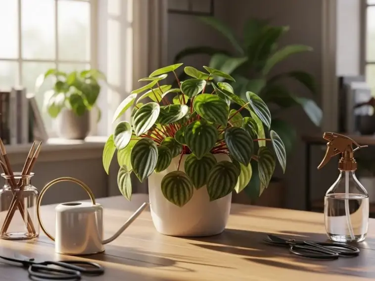 A vibrant Peperomia plant with lush green, round leaves and reddish stems sits in a white pot on a wooden table, bathed in natural light from a nearby window. The table also holds a small white watering can with a golden handle, a glass jar with art supplies, a spray bottle of water, and pruning shears, suggesting a complete setup for optimal Peperomia Care.