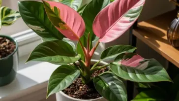 A stunning Pink Princess Philodendron with vibrant, variegated pink and dark green leaves thriving in a white pot, showcasing the results of proper Pink Princess Philodendron Care.