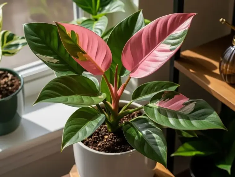 A stunning Pink Princess Philodendron with vibrant, variegated pink and dark green leaves thriving in a white pot, showcasing the results of proper Pink Princess Philodendron Care.