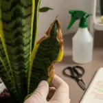 A person's gloved hand holding a snake plant leaf with brown, crispy edges, illustrating a common problem that is part of proper Snake Plant Care.