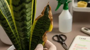 A person's gloved hand holding a snake plant leaf with brown, crispy edges, illustrating a common problem that is part of proper Snake Plant Care.