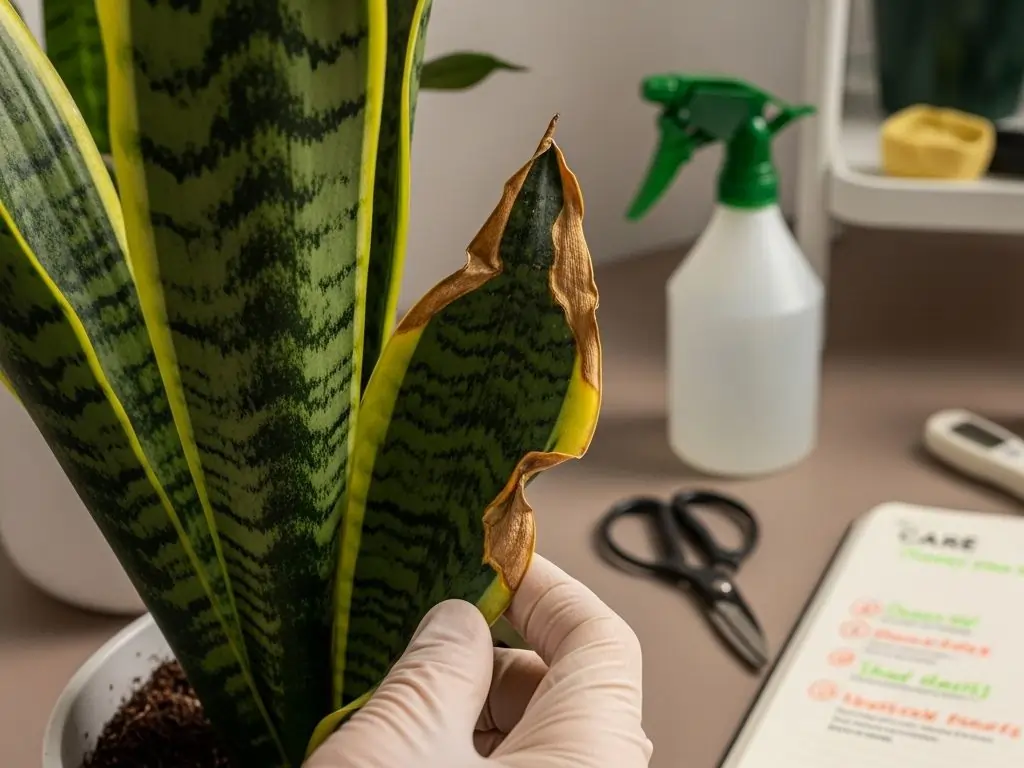 A person's gloved hand holding a snake plant leaf with brown, crispy edges, illustrating a common problem that is part of proper Snake Plant Care.