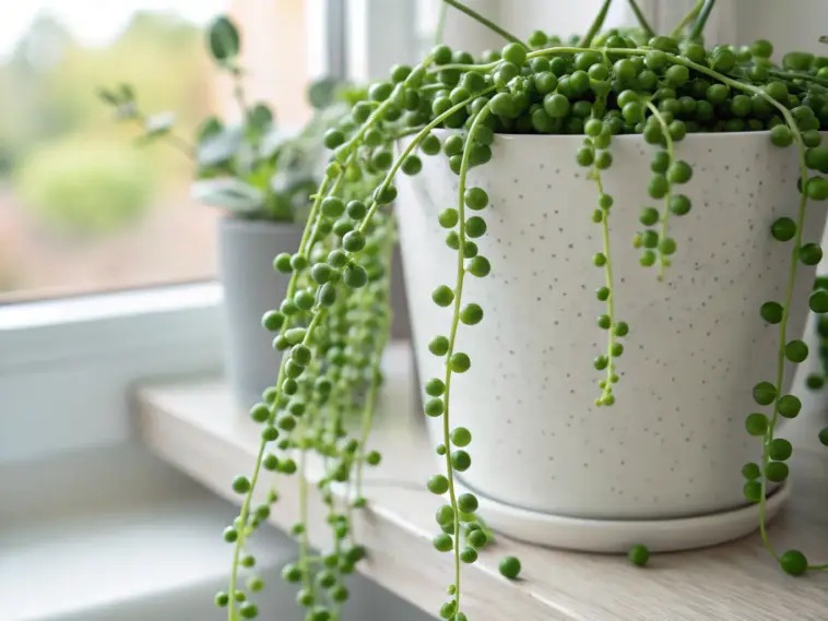 A close-up image showcasing a healthy String of Pearls plant in a white speckled pot, an excellent example of proper String of Pearls Care. The succulent's long, trailing stems with vibrant green, bead-like leaves cascade beautifully over the side of the pot, which is placed on a light-colored windowsill to receive bright, indirect light.