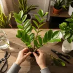 **Alt Text:** A pair of hands carefully performs ZZ Plant Propagation by dividing the rhizomes and roots of a healthy Zamioculcas zamiifolia over a rustic wooden table. Tools for propagation, including pruning shears and a cutting in a glass of water, are visible in the scene.